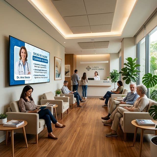 Sala de espera moderna com monitor exibindo conteúdo do Clinicacard